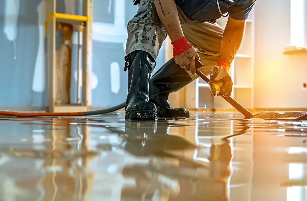 a professional water damage restoration technician, equipped with advanced tools, efficiently works in a modern, well-lit room, showcasing the transformative process of repairing extensive water damage on walls and flooring.