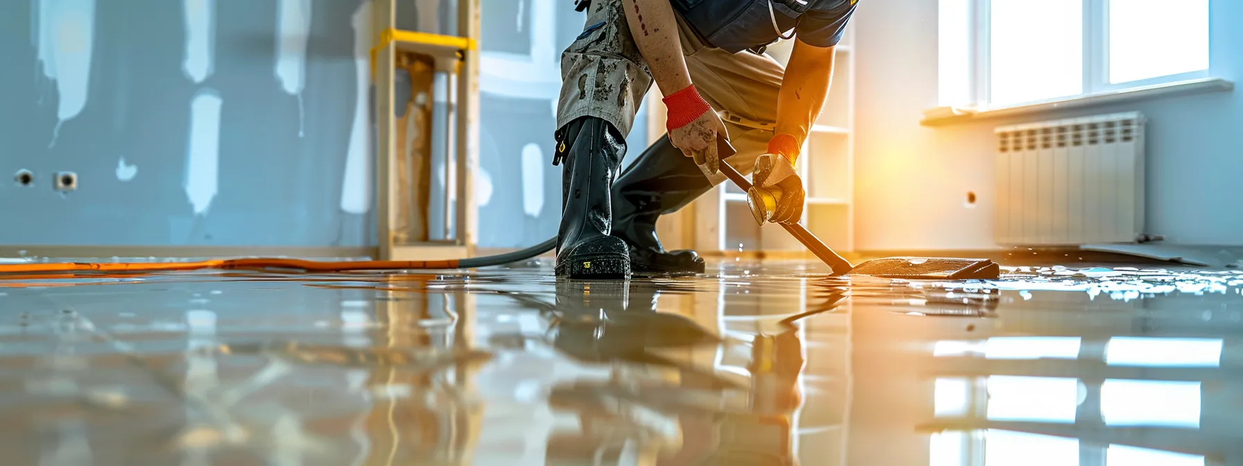 a professional water damage restoration technician, equipped with advanced tools, efficiently works in a modern, well-lit room, showcasing the transformative process of repairing extensive water damage on walls and flooring.